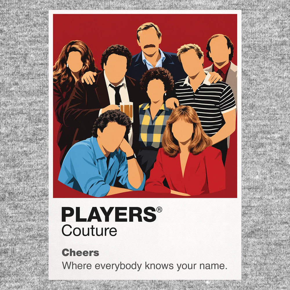 Cheers Sam, Diane, Coach, Carla, Norm, Cliff and the regulars gathered around the Boston bar Icon Frame artwork in grey