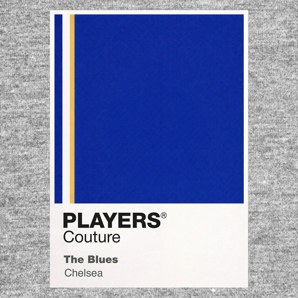 Chelsea Classic Football Shirt Colours Frame Men's T-Shirt – grey close-up detail shot of the Chelsea Players Couture logo