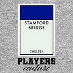Chelsea Monopoly Card t-shirt – grey men's t-shirt with black Chelsea Monopoly Card letters and Players Couture logo on the