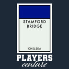 Chelsea Monopoly Card t-shirt – navy men's t-shirt with white Chelsea Monopoly Card letters and Players Couture logo on the