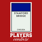 Chelsea Monopoly Card t-shirt – red men's t-shirt with white Chelsea Monopoly Card letters and Players Couture logo on the
