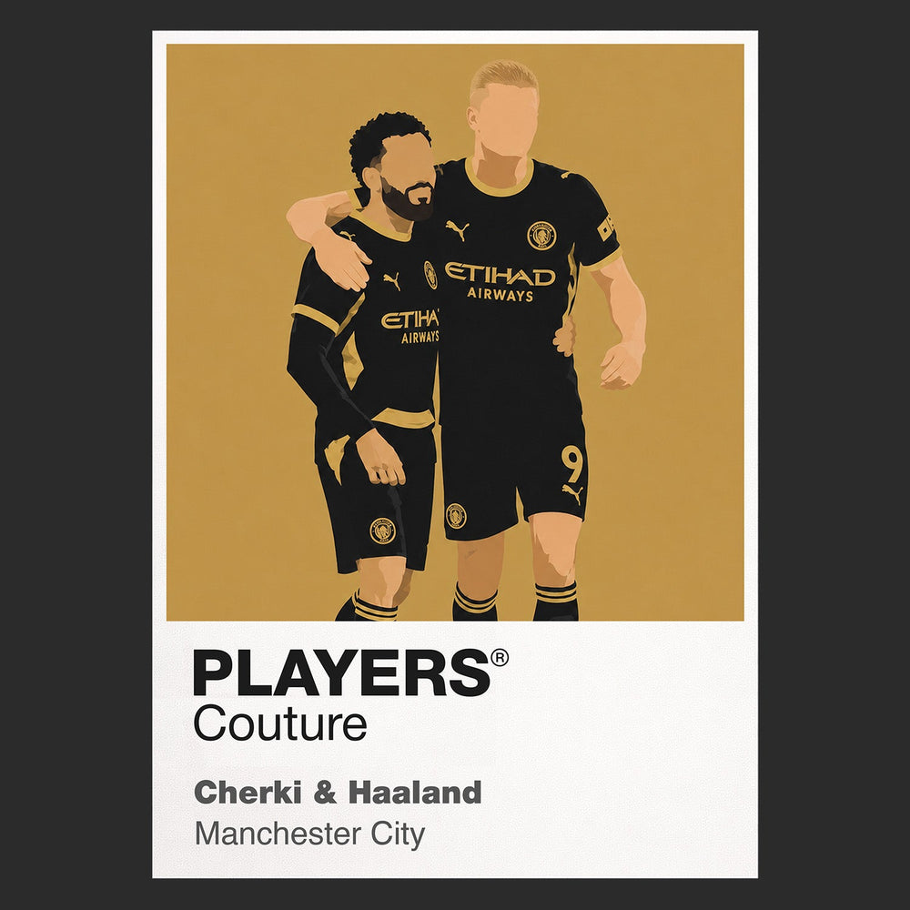 Cherki and Haaland Manchester City black Icon Frame artwork detail