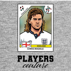 Chris Waddle World Cup Sticker Men's T-Shirt – grey close-up detail shot of the Chris Waddle World Cup Players Couture logo