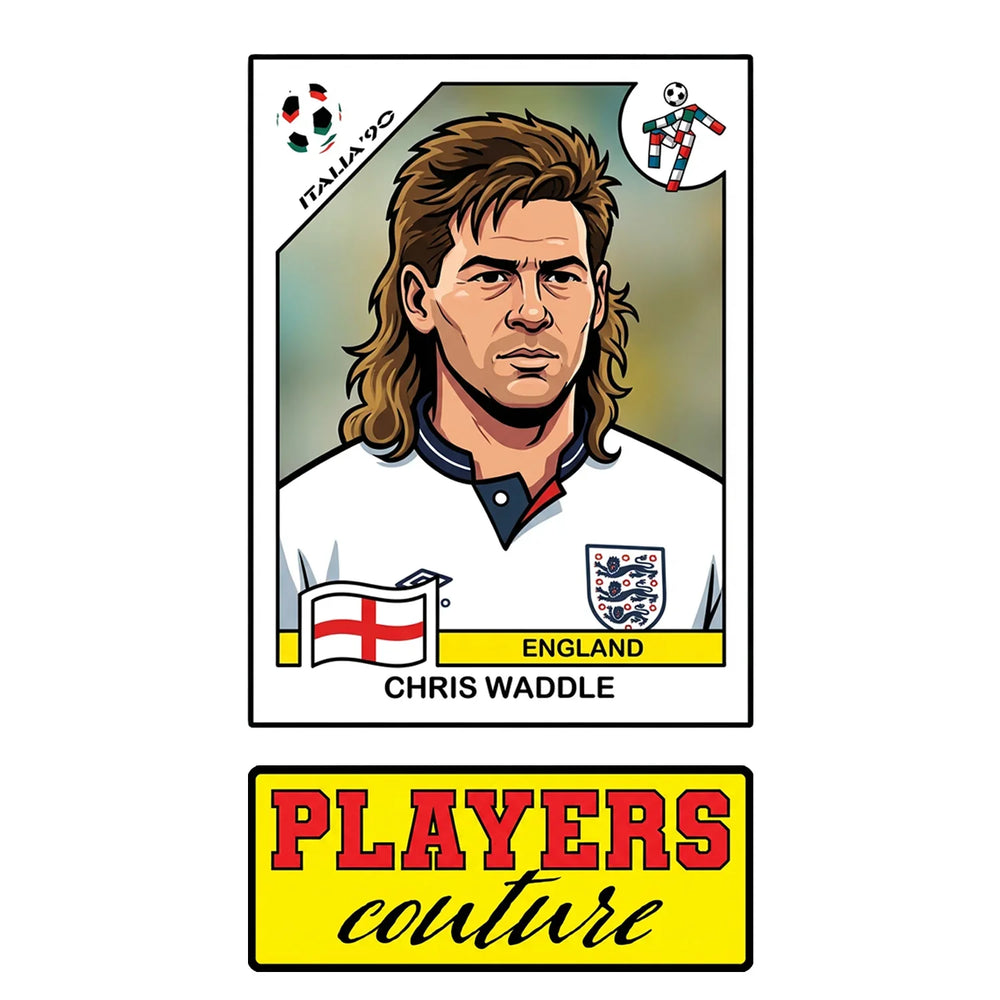 Chris Waddle World Cup Sticker Men's T-Shirt – close-up detail shot of the Chris Waddle World Cup Players Couture logo design
