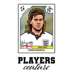 Chris Waddle World Cup Sticker Men's T-Shirt – white close-up detail shot of the Chris Waddle Players Couture logo design