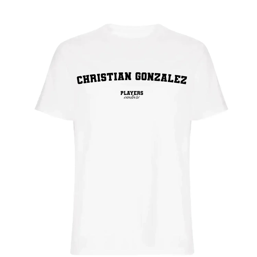 Christian Gonzalez t-shirt – white men's t-shirt with black Christian Gonzalez letters and Players Couture logo on the chest