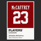 Christian McCaffrey 23 49ers Jersey Frame Men's T-Shirt – black close-up detail shot of the Christian McCaffrey 23 49ers