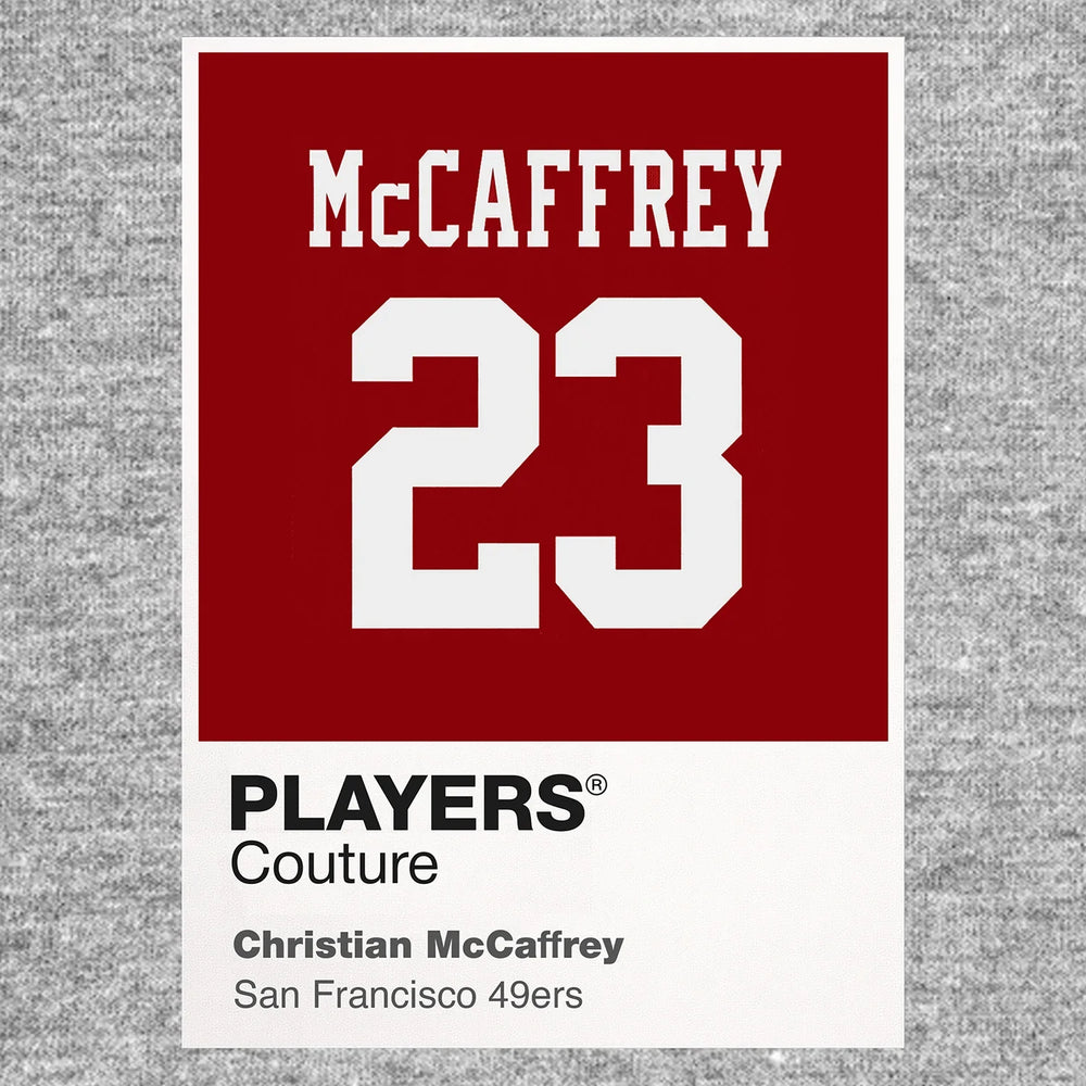 Christian McCaffrey 23 49ers Jersey Frame Men's T-Shirt – grey close-up detail shot of the Christian McCaffrey 23 49ers