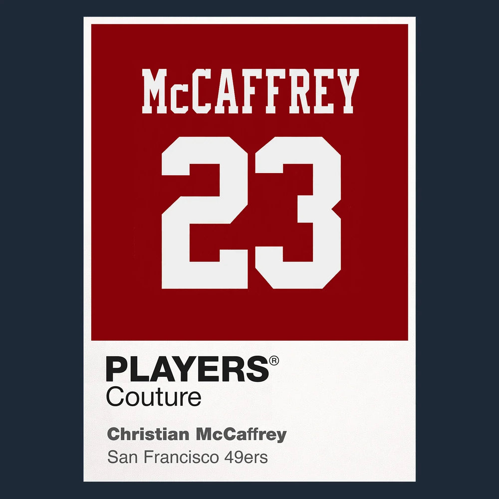 Christian McCaffrey 23 49ers Jersey Frame Men's T-Shirt – navy close-up detail shot of the Christian McCaffrey 23 49ers