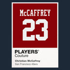 Christian McCaffrey 23 49ers Jersey Frame Men's T-Shirt – navy close-up detail shot of the Christian McCaffrey 23 49ers