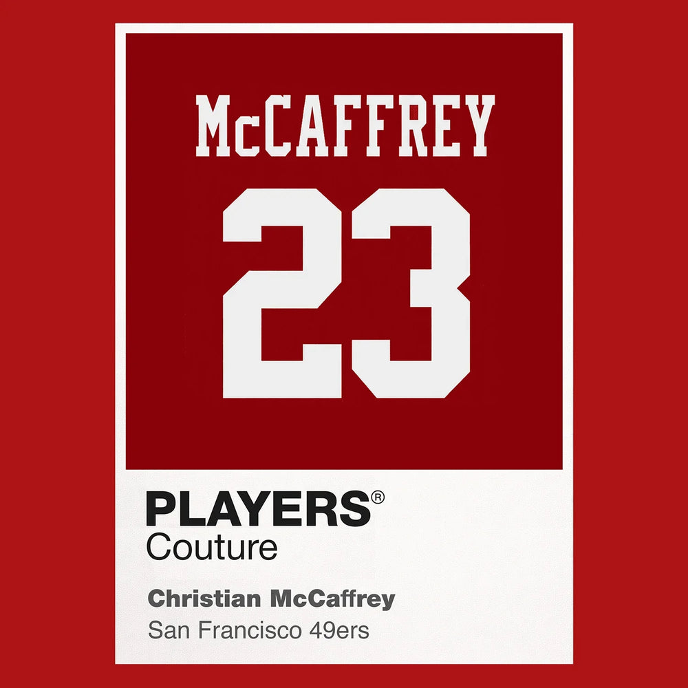 Christian McCaffrey 23 49ers Jersey Frame Men's T-Shirt – red close-up detail shot of the Christian McCaffrey 23 49ers