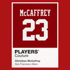 Christian McCaffrey 23 49ers Jersey Frame Men's T-Shirt – red close-up detail shot of the Christian McCaffrey 23 49ers