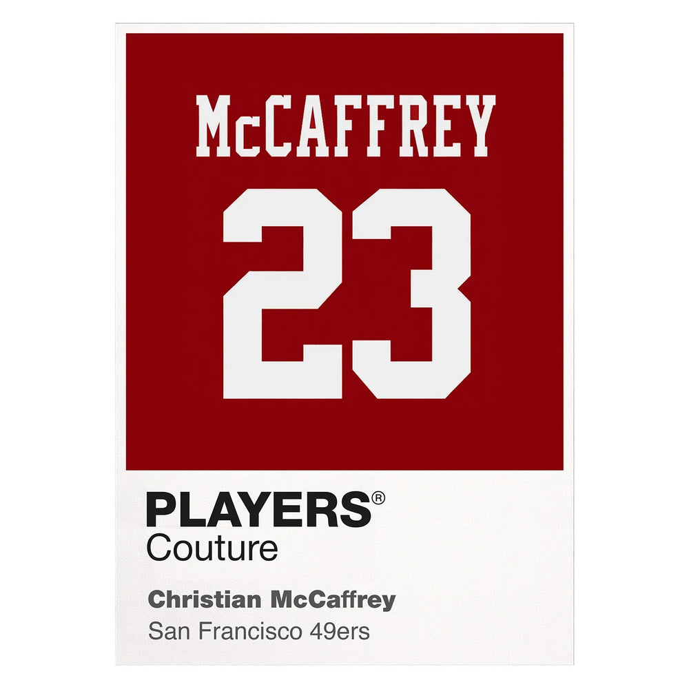 Christian McCaffrey 23 49ers Jersey Frame Men's T-Shirt – white close-up detail shot of the Christian McCaffrey Players