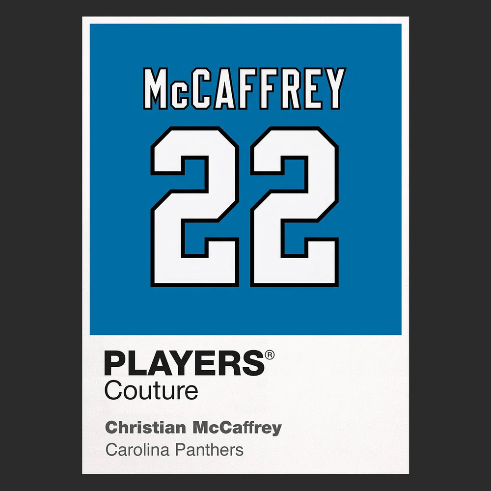 Christian McCaffrey 22 Panthers Jersey Frame Men's T-Shirt – black close-up detail shot of the Christian McCaffrey 22