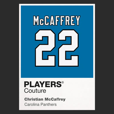 Christian McCaffrey 22 Panthers Jersey Frame Men's T-Shirt – black close-up detail shot of the Christian McCaffrey 22