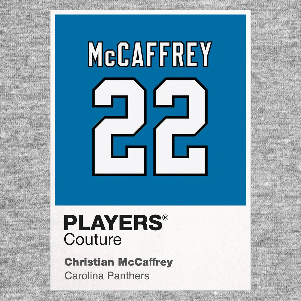 Christian McCaffrey 22 Panthers Jersey Frame Men's T-Shirt – grey close-up detail shot of the Christian McCaffrey 22