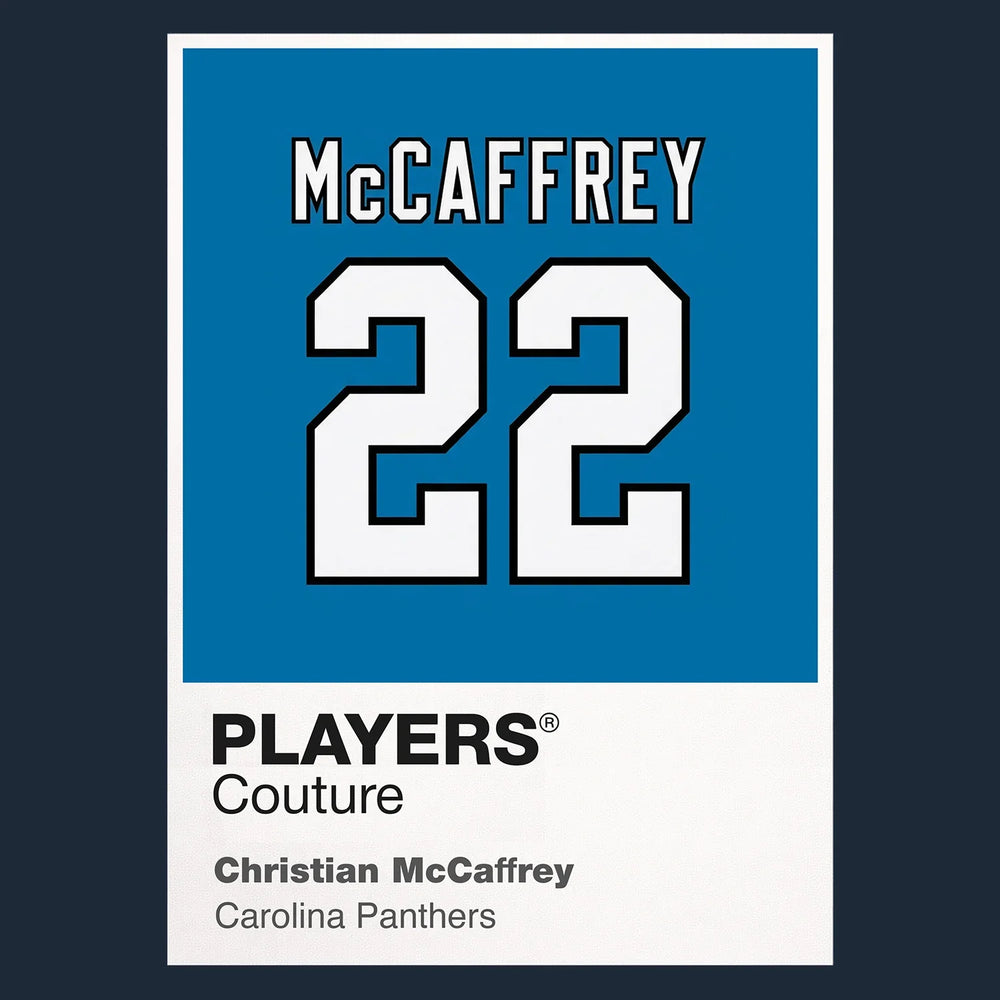 Christian McCaffrey 22 Panthers Jersey Frame Men's T-Shirt – navy close-up detail shot of the Christian McCaffrey 22