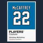 Christian McCaffrey 22 Panthers Jersey Frame Men's T-Shirt – navy close-up detail shot of the Christian McCaffrey 22