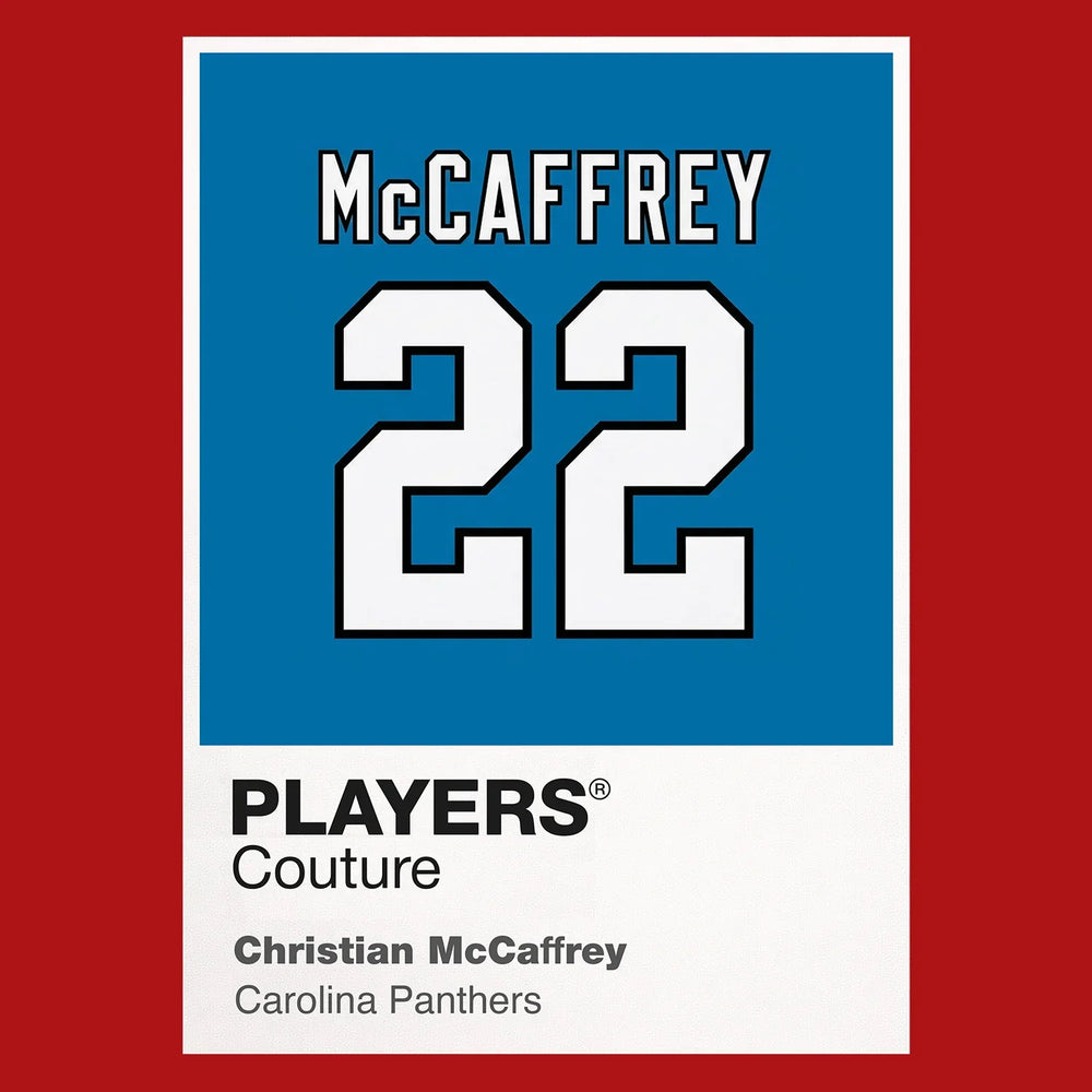 Christian McCaffrey 22 Panthers Jersey Frame Men's T-Shirt – red close-up detail shot of the Christian McCaffrey 22 Panthers