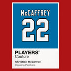 Christian McCaffrey 22 Panthers Jersey Frame Men's T-Shirt – red close-up detail shot of the Christian McCaffrey 22 Panthers