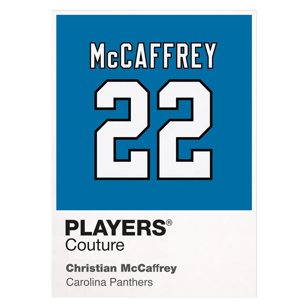 Christian McCaffrey 22 Panthers Jersey Frame Men's T-Shirt – white close-up detail shot of the Christian McCaffrey Players