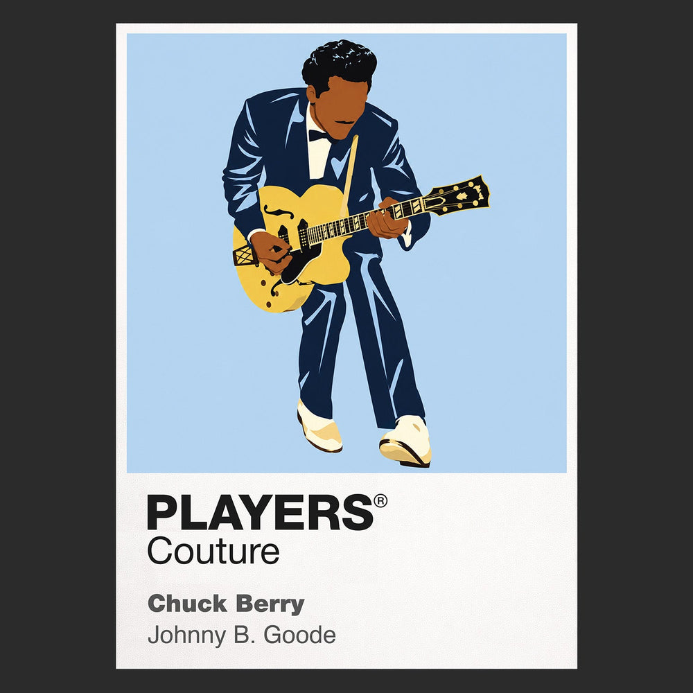 Chuck Berry Chuck Berry's guitar, tailored stagewear and unmistakable duck-walk movement Icon Frame artwork in black