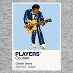 Chuck Berry Chuck Berry's guitar, tailored stagewear and unmistakable duck-walk movement Icon Frame artwork in grey