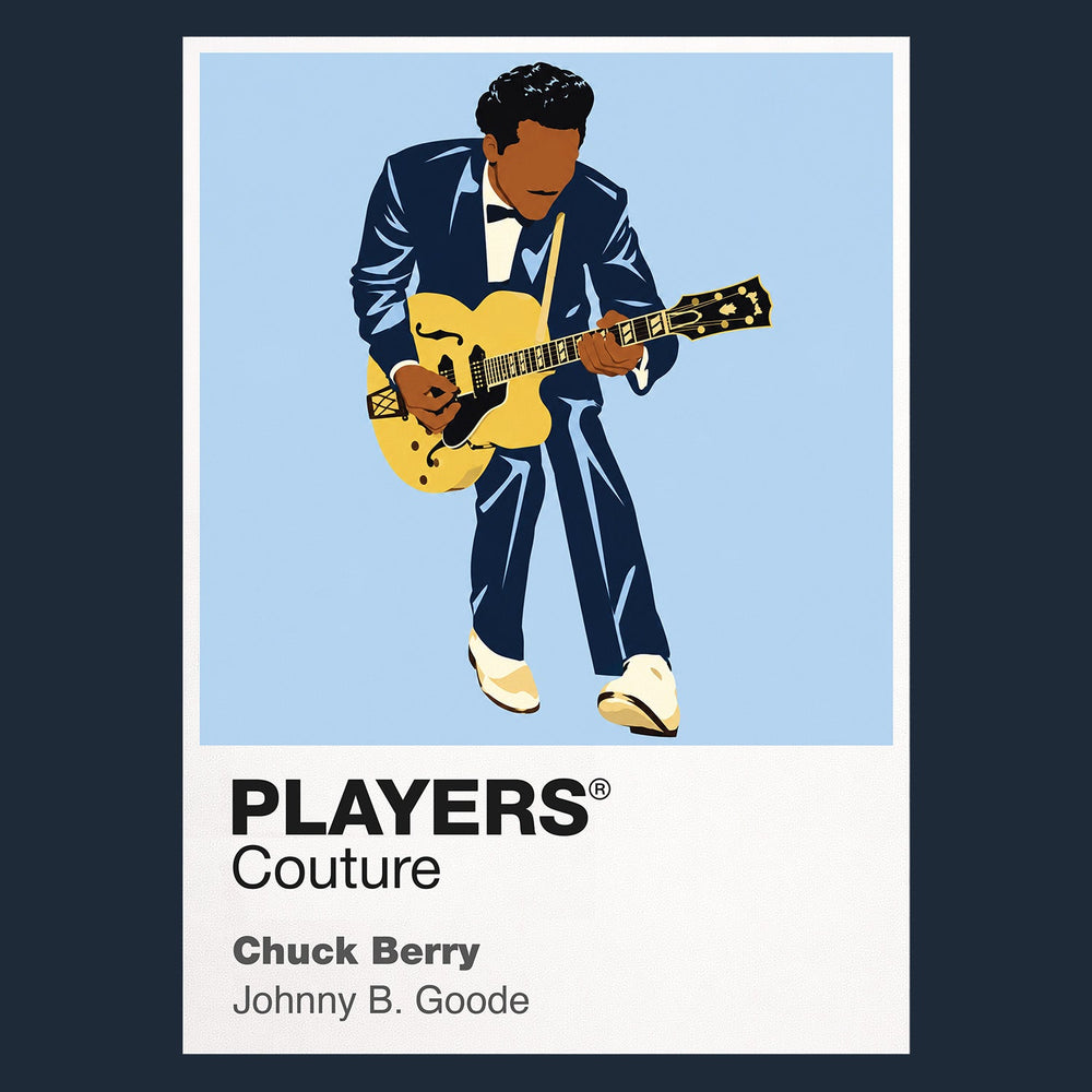 Chuck Berry Chuck Berry's guitar, tailored stagewear and unmistakable duck-walk movement Icon Frame artwork in navy