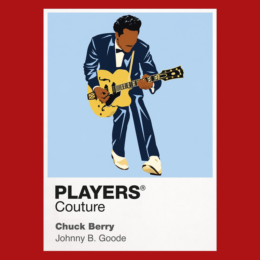 Chuck Berry Chuck Berry's guitar, tailored stagewear and unmistakable duck-walk movement Icon Frame artwork in red