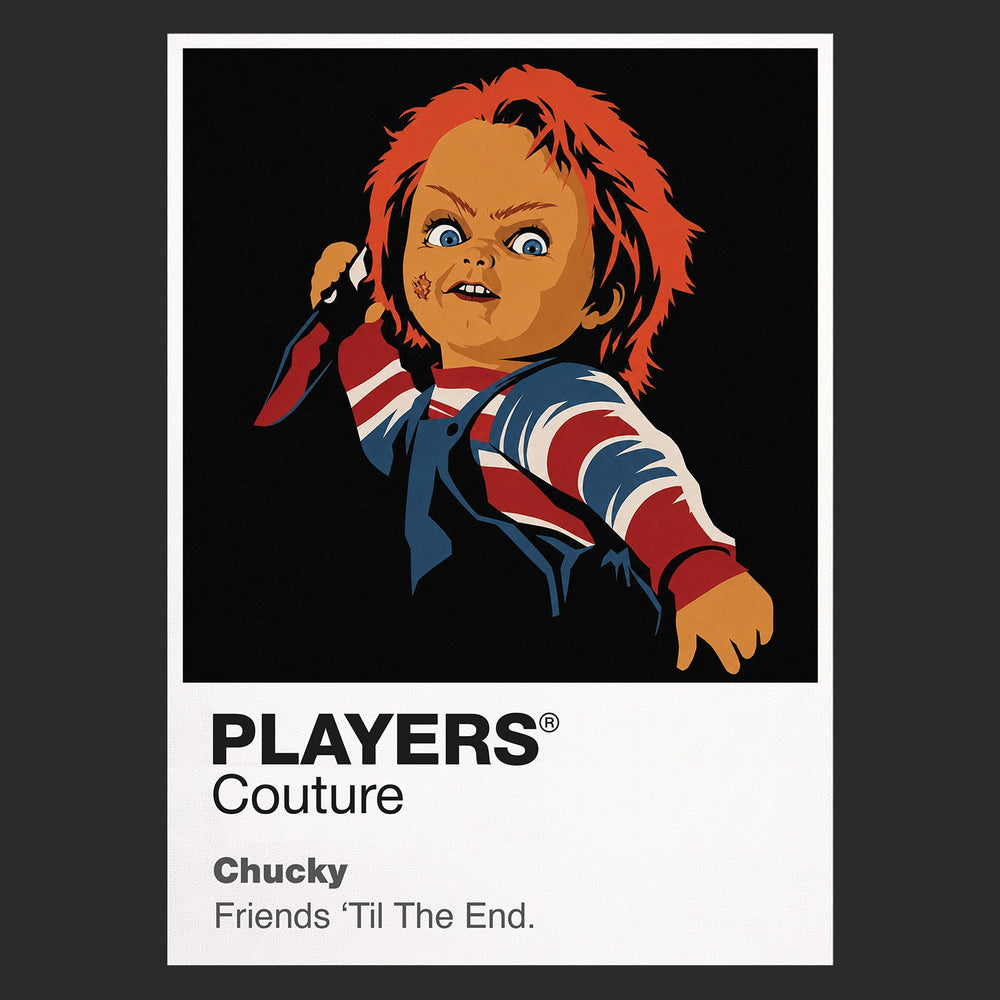 Chucky Chucky's striped shirt, overalls, red hair and Good Guy doll disguise Icon Frame artwork in black