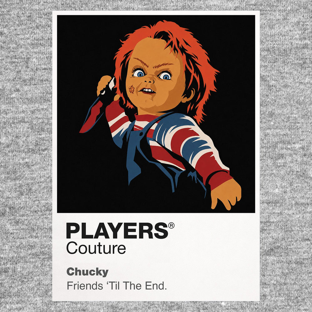 Chucky Chucky's striped shirt, overalls, red hair and Good Guy doll disguise Icon Frame artwork in grey
