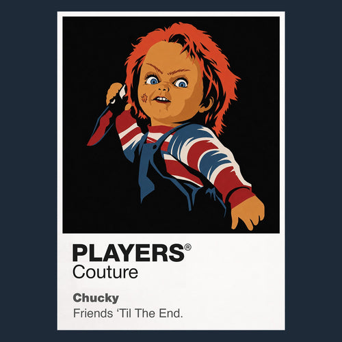 Chucky Chucky's striped shirt, overalls, red hair and Good Guy doll disguise Icon Frame artwork in navy