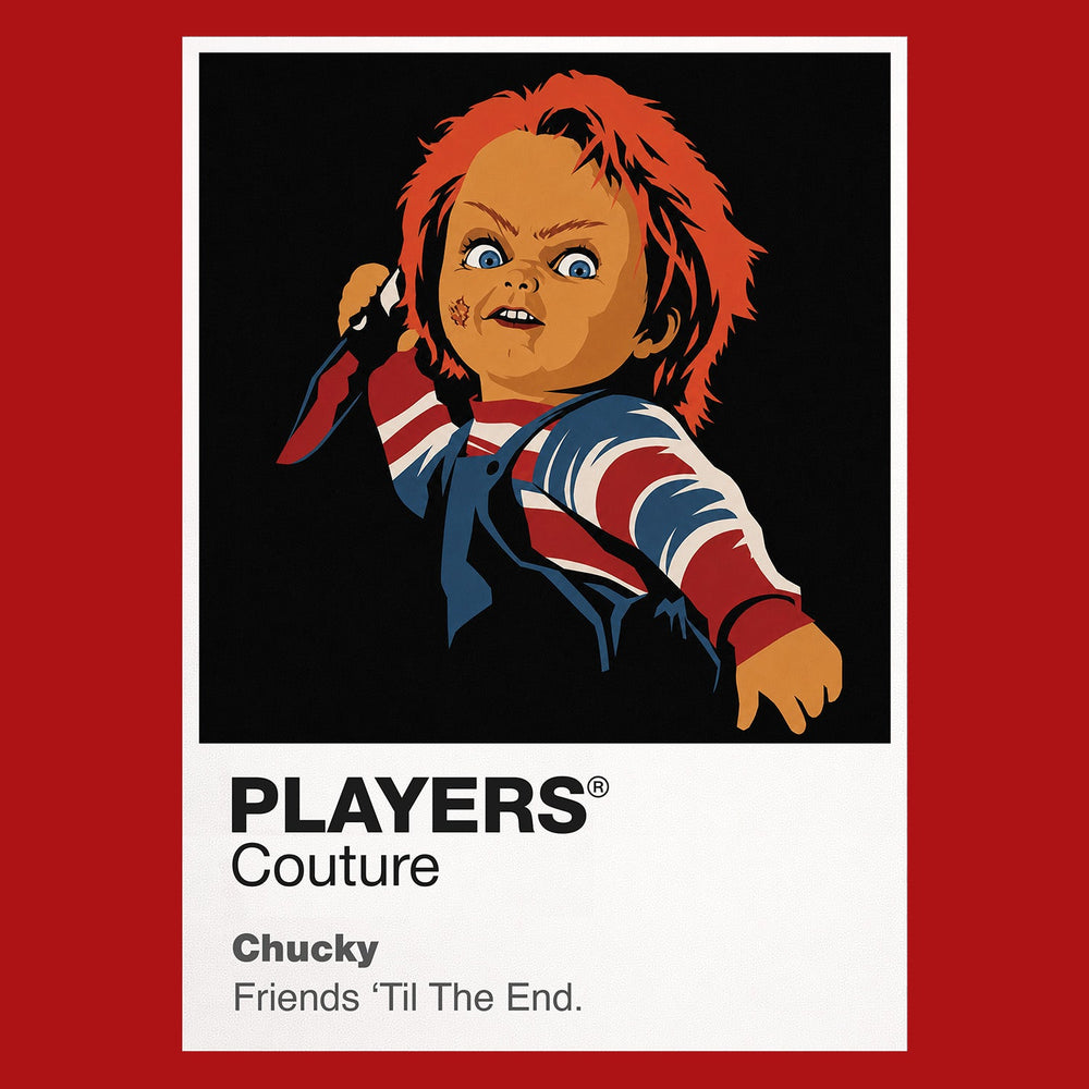 Chucky Chucky's striped shirt, overalls, red hair and Good Guy doll disguise Icon Frame artwork in red