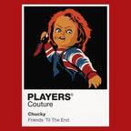 Chucky Chucky's striped shirt, overalls, red hair and Good Guy doll disguise Icon Frame artwork in red