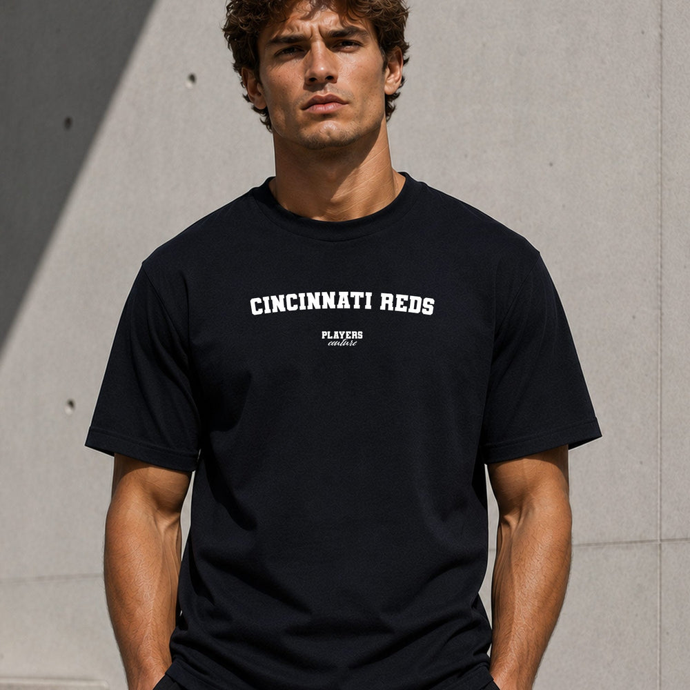 Cincinnati Reds Men's T-Shirt — lifestyle photo, Black t-shirt