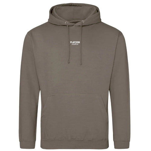 Essentials Collection hoodie – white men's hoodie with black Essentials Collection letters and Players Couture logo on the