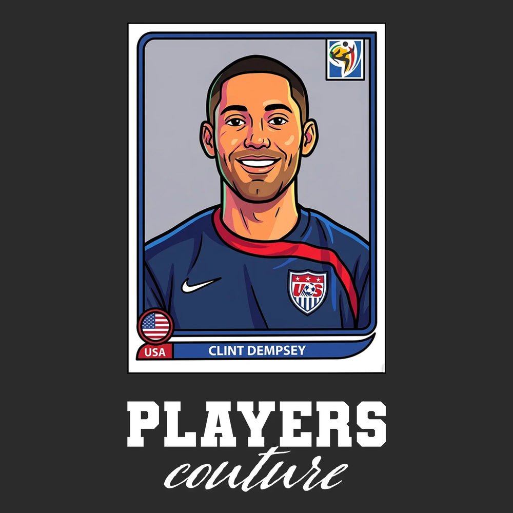 Clint Dempsey World Cup Sticker Men's T-Shirt – black close-up detail shot of the Clint Dempsey World Cup Players Couture