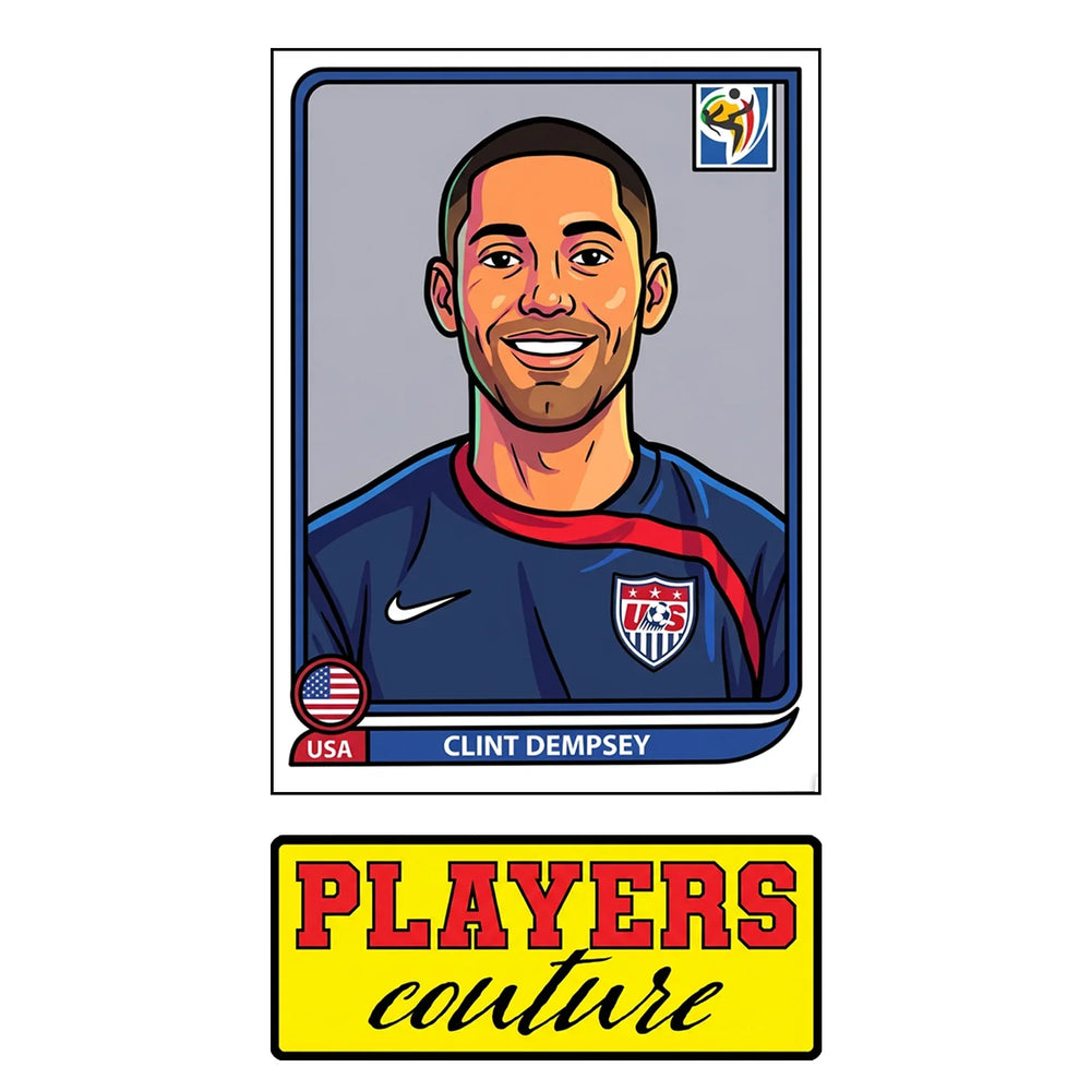 Clint Dempsey World Cup Sticker Men's T-Shirt – close-up detail shot of the Clint Dempsey World Cup Players Couture logo