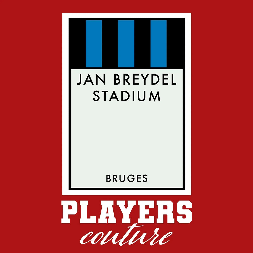 Club Brugge Monopoly Card t-shirt – red men's t-shirt with white Club Brugge Monopoly Card letters and Players Couture logo