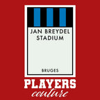 Club Brugge Monopoly Card t-shirt – red men's t-shirt with white Club Brugge Monopoly Card letters and Players Couture logo