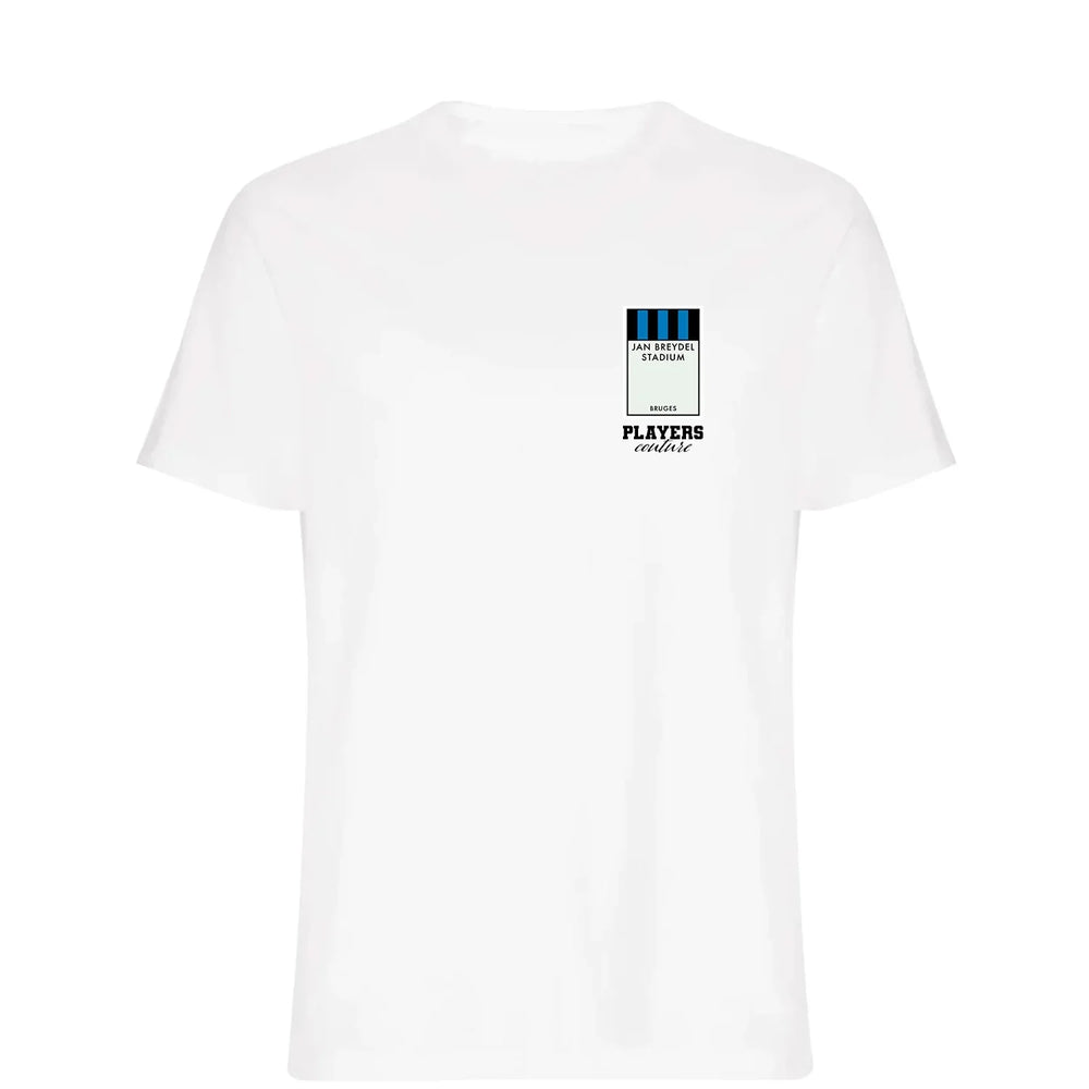 Club Brugge Monopoly Card t-shirt – navy men's t-shirt with white Club Brugge Monopoly Card letters and Players Couture logo
