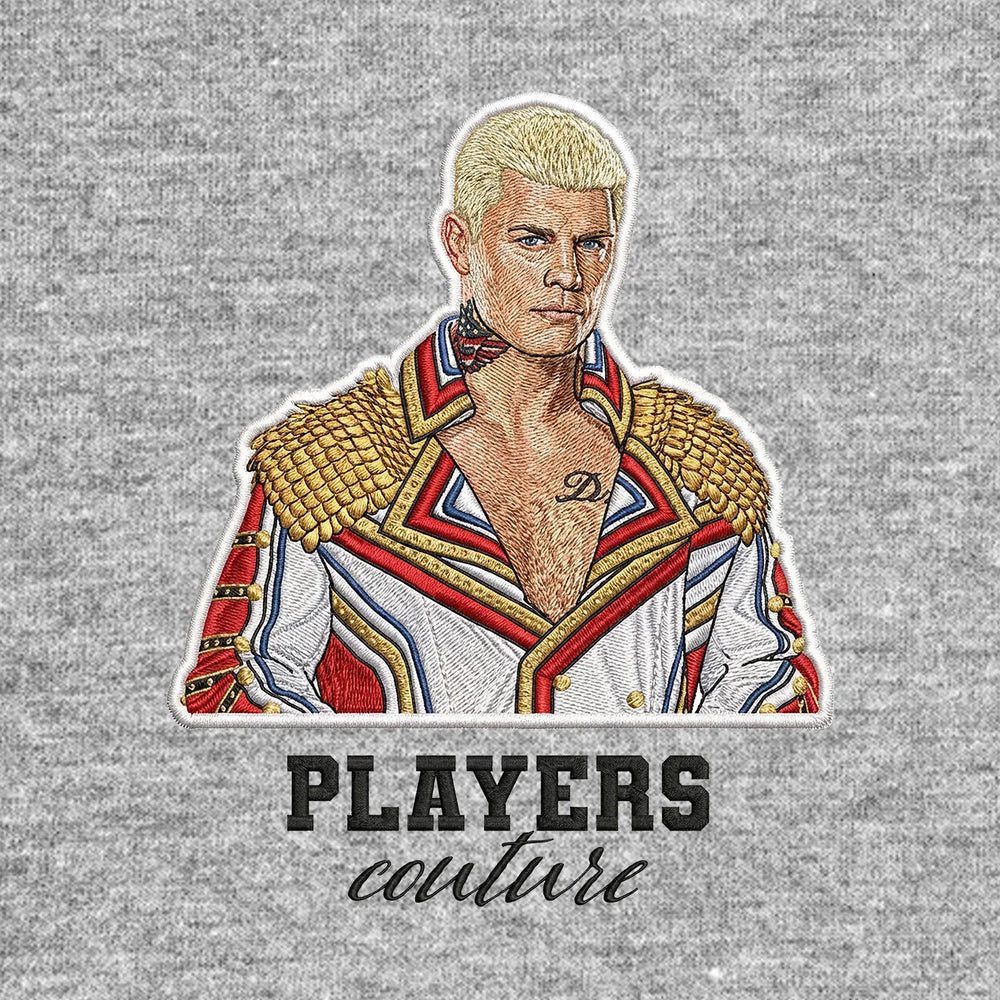 Cody Rhodes Badge Men's Hoodie – black close-up detail shot of the Cody Rhodes Players Couture logo design