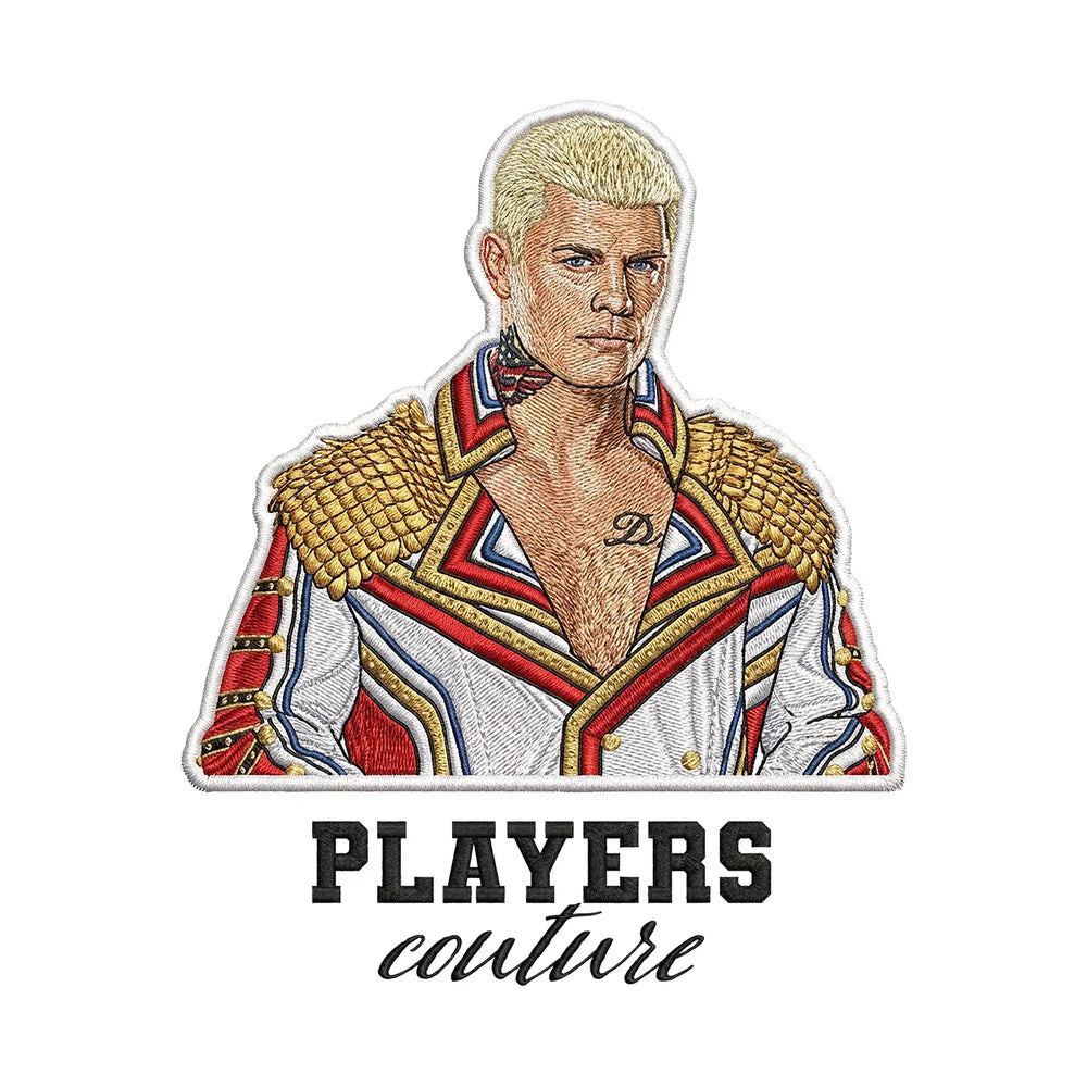 Cody Rhodes Badge Men's Hoodie – black close-up detail shot of the Cody Rhodes Players Couture logo design