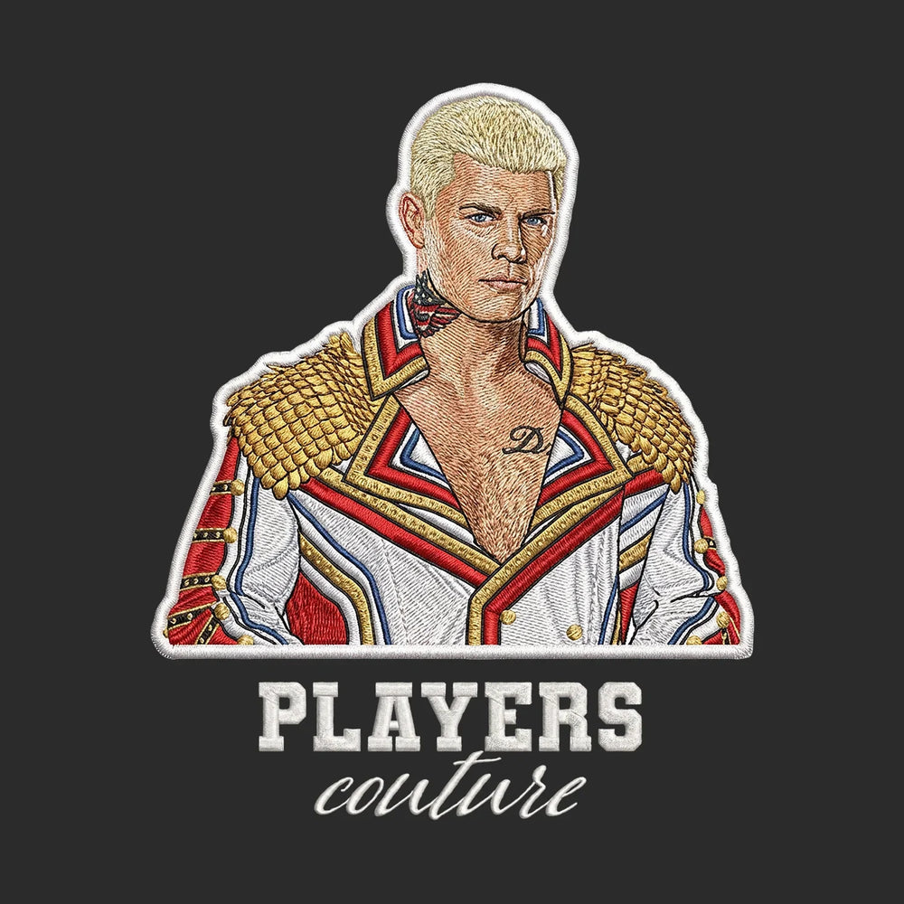 Cody Rhodes Badge Men's Hoodie – white close-up detail shot of the Cody Rhodes Players Couture logo design