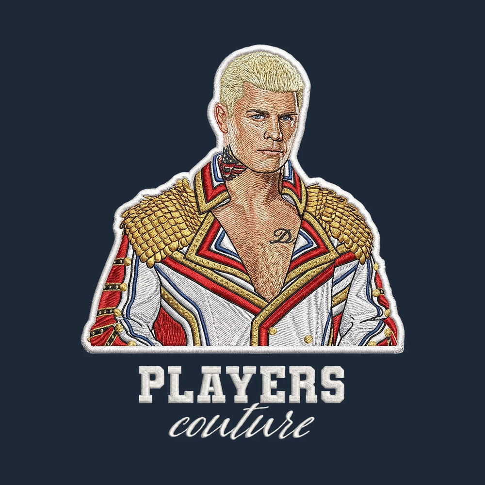 Cody Rhodes Badge Men's Hoodie – white close-up detail shot of the Cody Rhodes Players Couture logo design