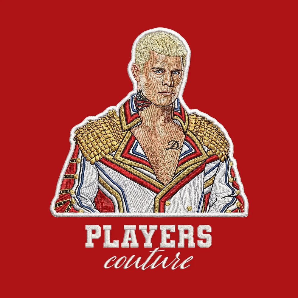 Cody Rhodes Badge Men's Hoodie – white close-up detail shot of the Cody Rhodes Players Couture logo design