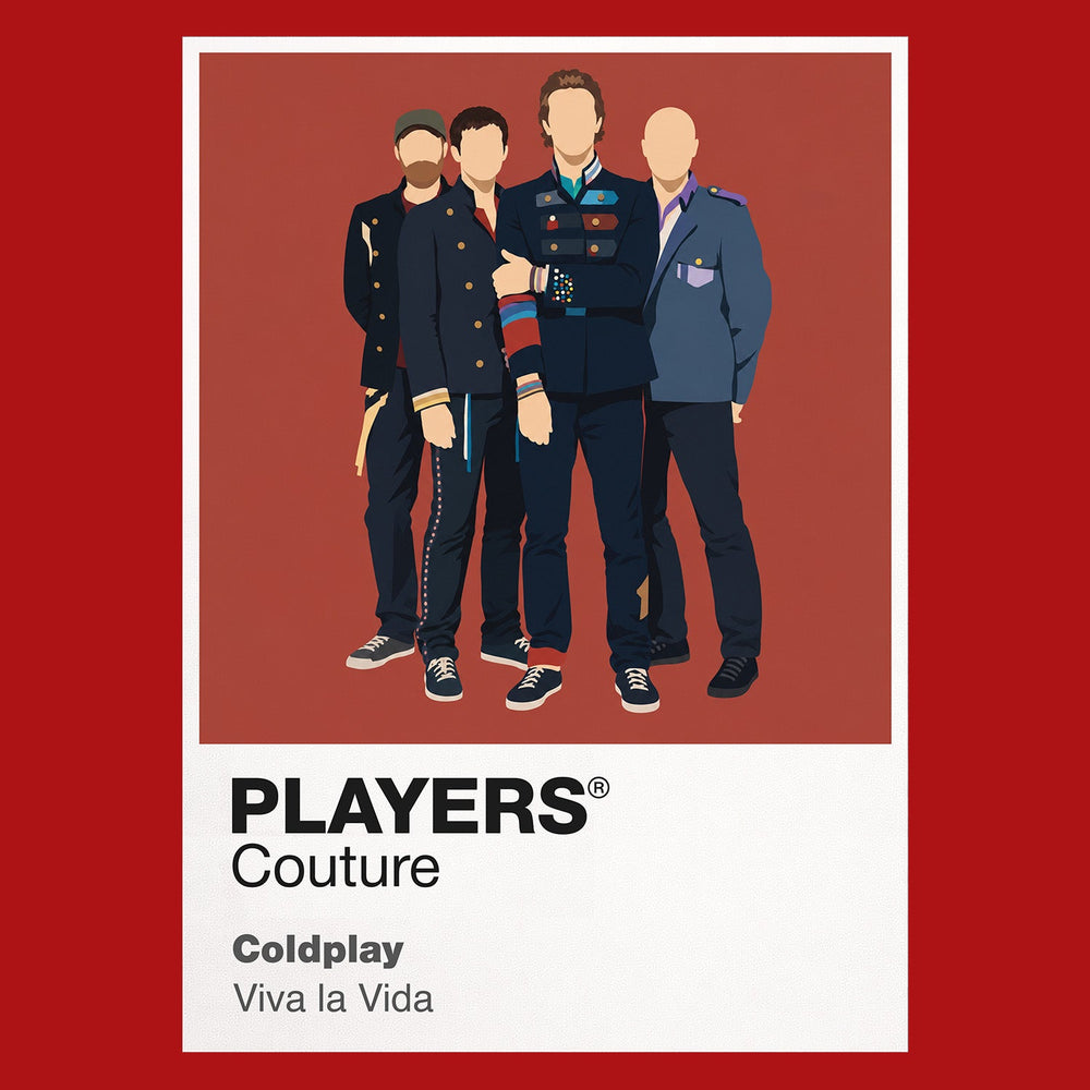 Coldplay Coldplay's four-member formation, instruments and colourful stadium-performance language Icon Frame artwork in red