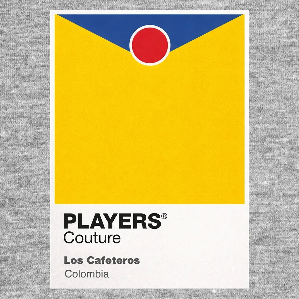 Colombia Classic Football Shirt Colours Frame Men's T-Shirt – grey close-up detail shot of the Colombia Players Couture logo
