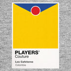 Colombia Classic Football Shirt Colours Frame Men's T-Shirt – grey close-up detail shot of the Colombia Players Couture logo