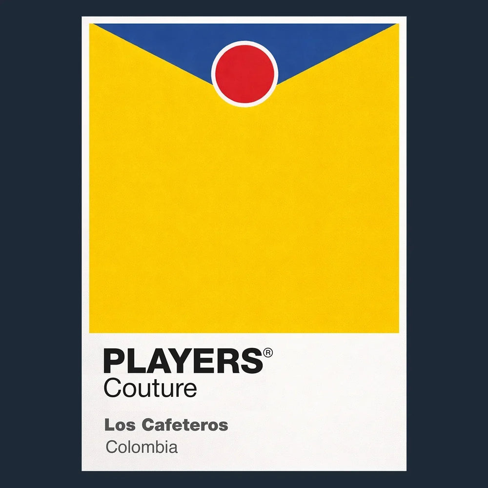 Colombia Classic Football Shirt Colours Frame Men's T-Shirt – navy close-up detail shot of the Colombia Players Couture logo